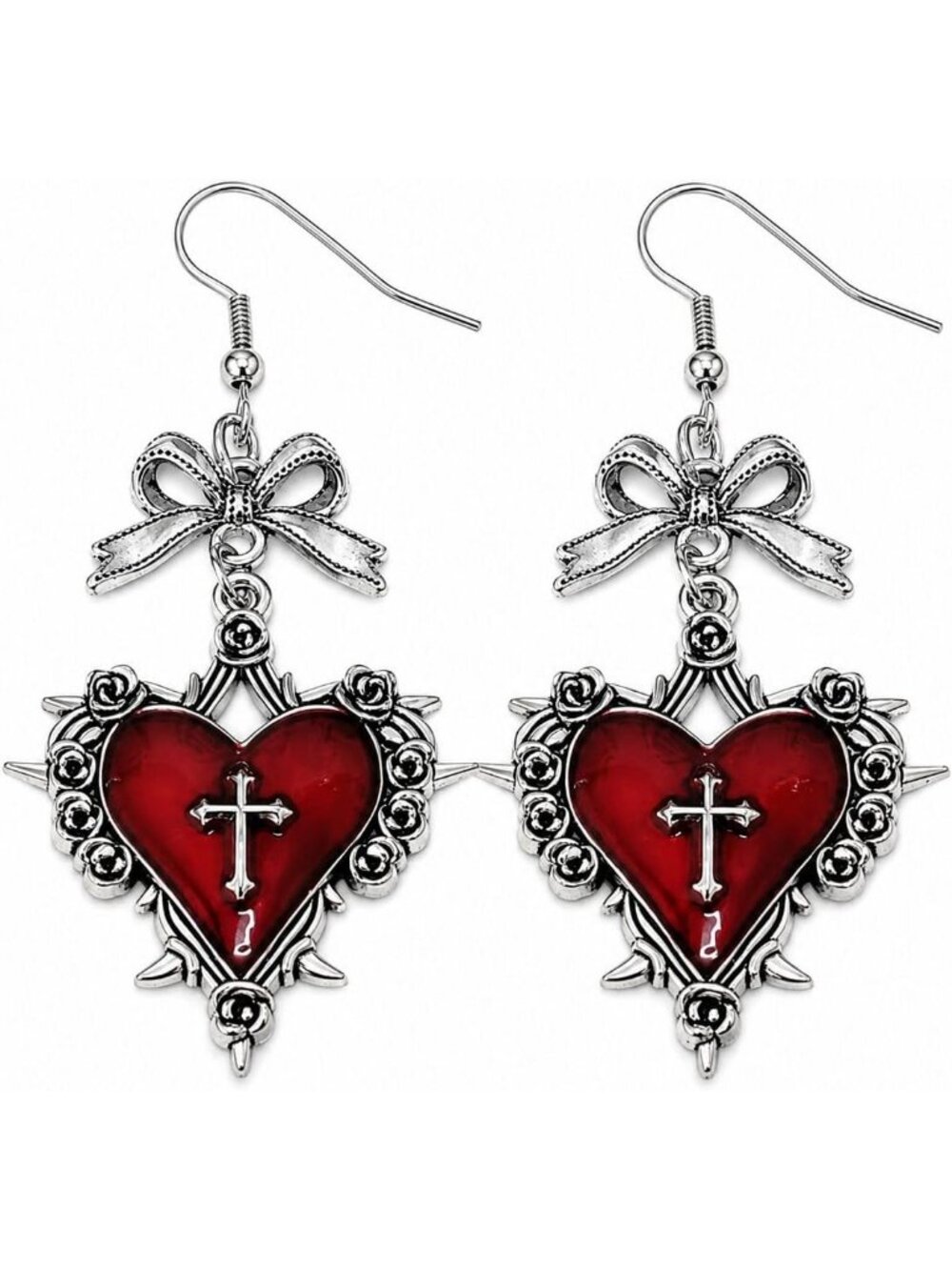 Women's Red Silver Punk Gothic Black Heart Dark Romantic Dangle Drop Earrings